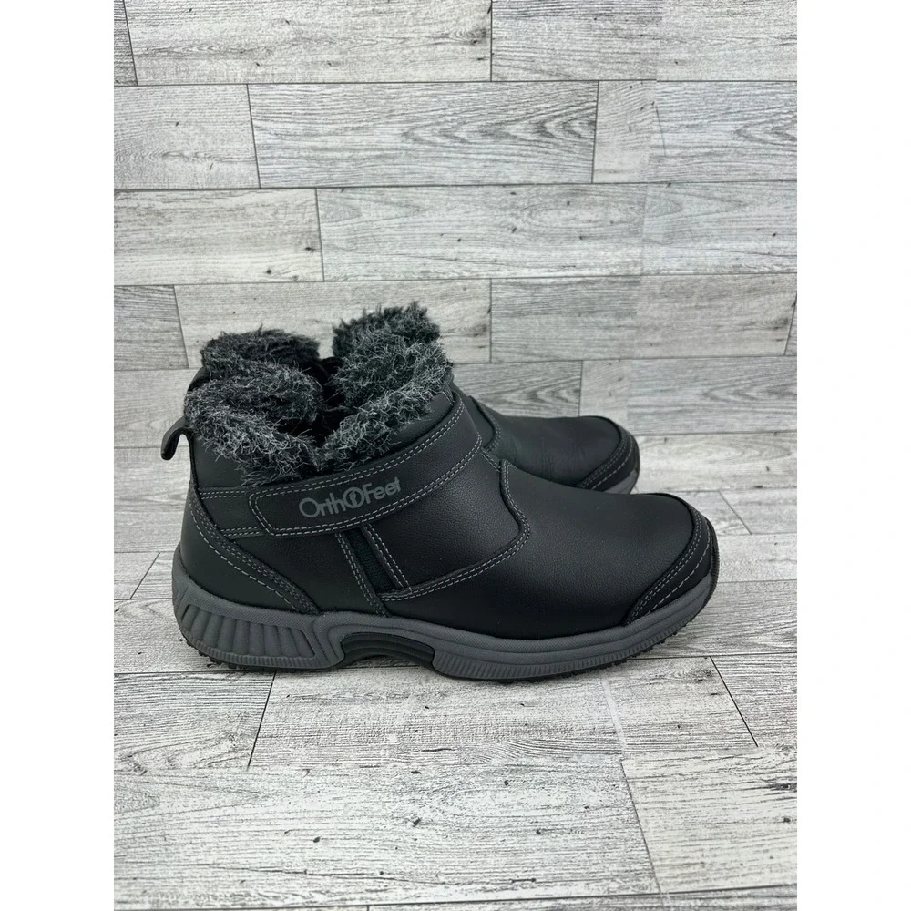Orthofeet 793 Black Leather‎ Faux Fur Trim Orthopedic Ankle Boots Men 7B EU 37.5